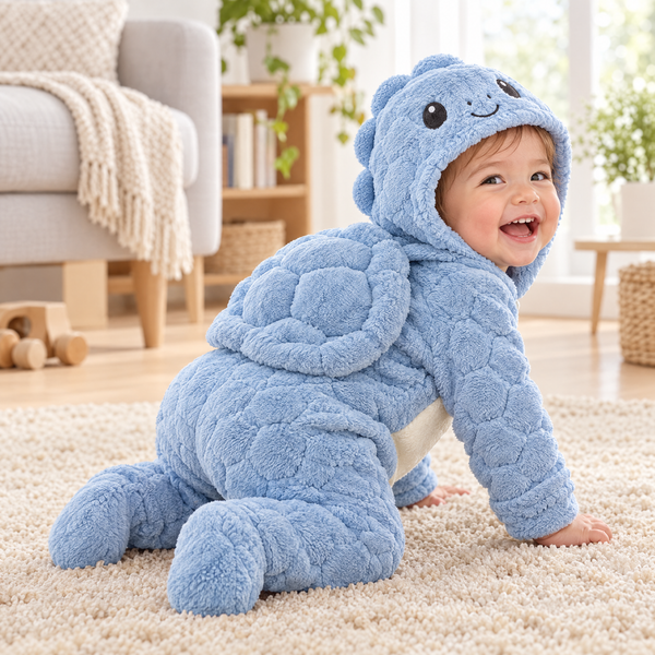 Bambin qui rit à quatre pattes en combinaison tortue bleu ciel