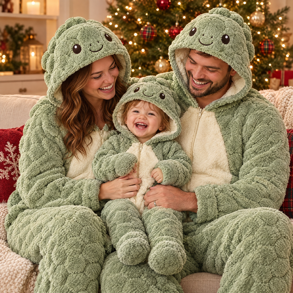 Parents et enfant assortis en combinaisons tortue devant le sapin de Noël