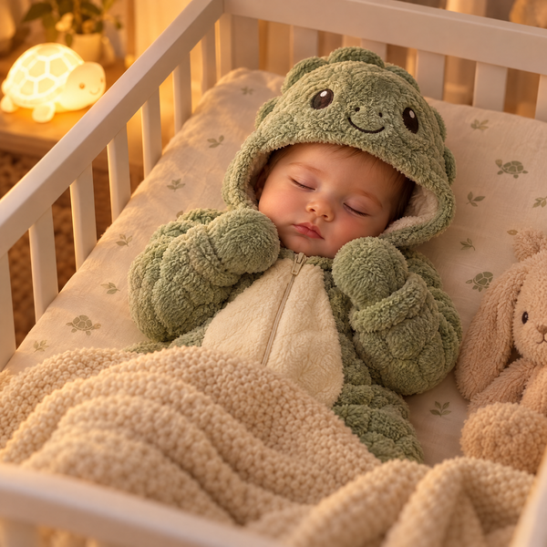 Bébé endormi dans son lit en combinaison tortue vert sauge