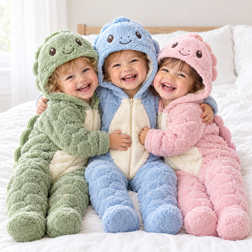 Trois cousins en combinaisons tortue vert, bleu et rose